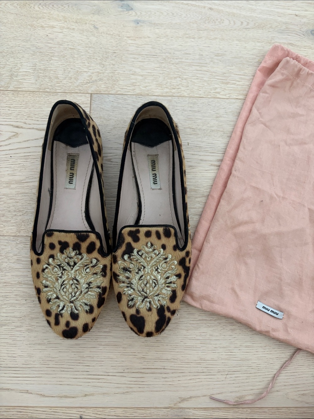 *RARE* Vintage Miu Miu Leopard-Print Smoking Loafers with Gold Embroidery
